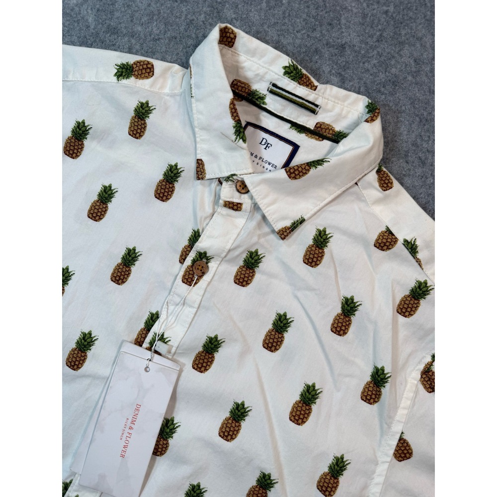 Denim & Flower Ricky Singh Mens S White Pineapple Print Slim Fit Poplin Shirt
